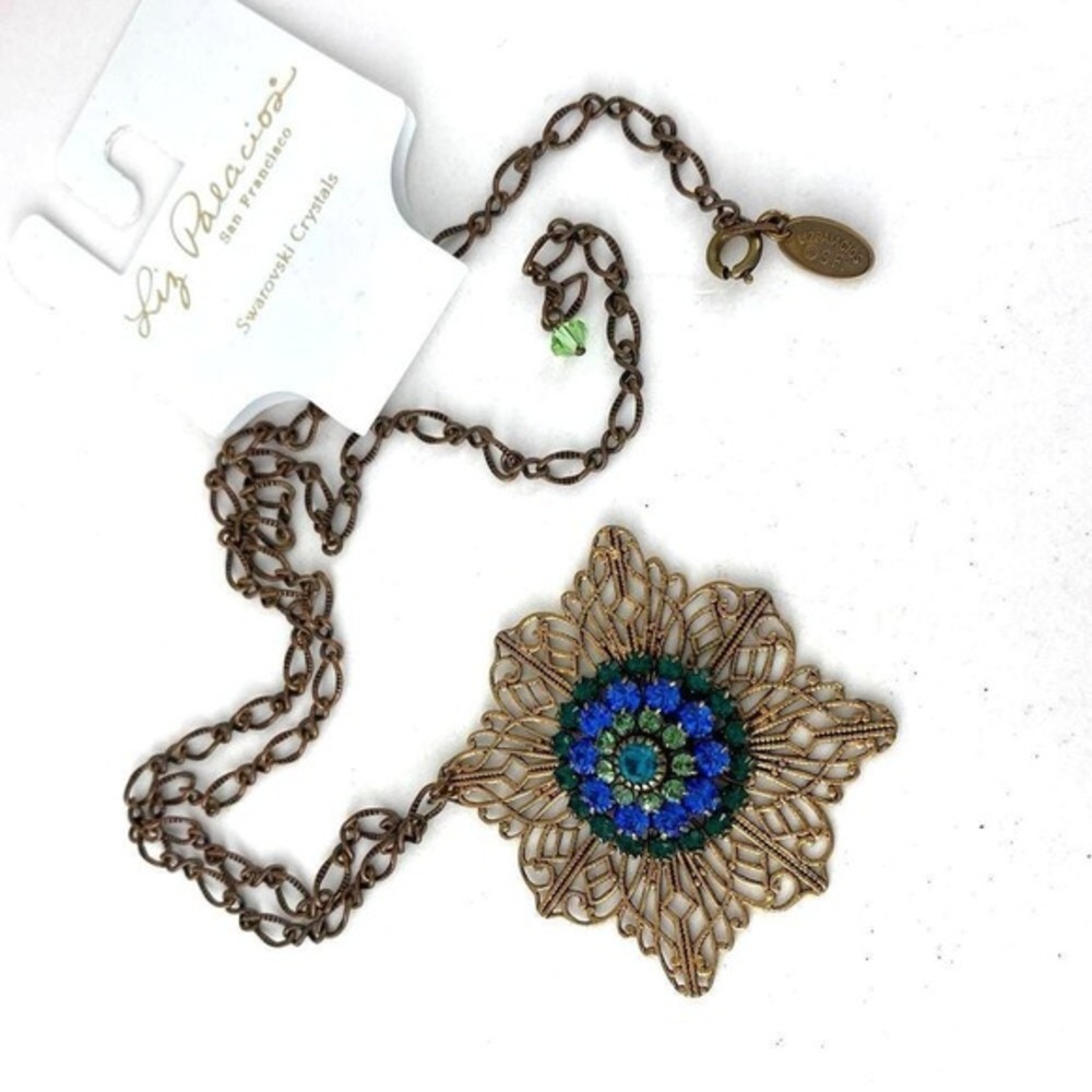Liz Palacios Boho Fairy Filigree Floral Pendant Necklace Blue Swarovski Crystals - Picture 5 of 5